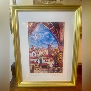 Jerusalem Art Print from Judaica of Silk Series Sign A.Menorah, Framed